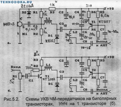 схемы УКВ ЧМ передатчиков на биполярных транзисторах, радиожучок