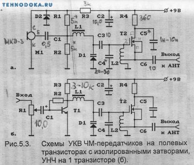 схемы УКВ ЧМ передатчиков на полевых транзисторах, радиопрослушка