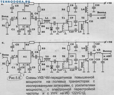 схемы УКВ ЧМ передатчиков повышенной мощности на полевом транзисторе с изолированными затворами, с усилителями мощности