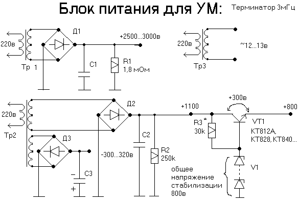 схема блока питания для усилителя мощности, УМ передатчика на ГУ-81